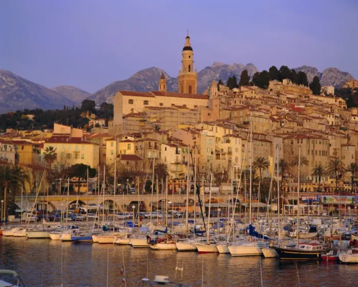 Framed Print : The old town and harbour at dawn, Menton, Cote d Azur, Alpes-Maritimes Framed Print : The old town and harbour at dawn, Menton, Cote d Azur, Alpes-Maritimes
