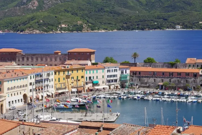 Framed Print : Old town and harbour, Portoferraio, Island of Elba, Livorno Province, Tuscany, Italy