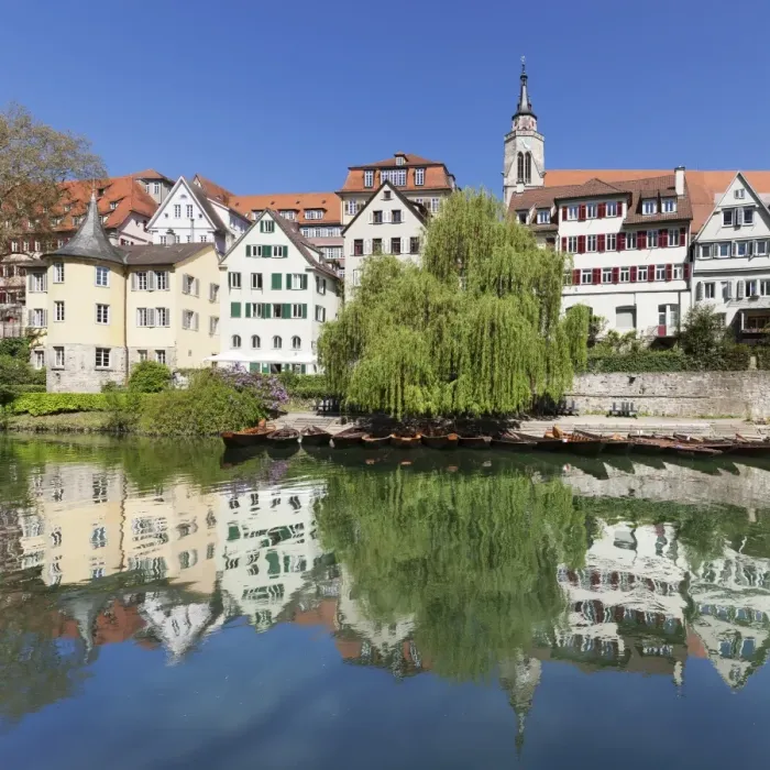Framed Print : Old town with Hoelderlinturm tower and Stiftskirche Church reflecting in the Neckar River Framed Print : Old town with Hoelderlinturm tower and Stiftskirche Church reflecting in the Neckar River