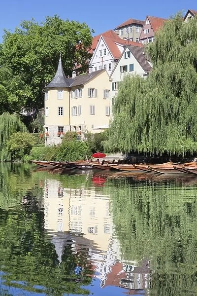 Old town with Holderlinturm tower reflected in the Neckar River, Tubingen, Baden Wurttemberg, Germany, Europe