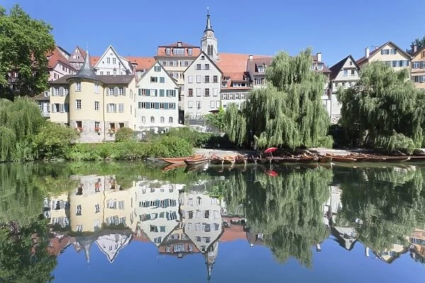 Old town with Holderlinturm tower and Stiftskirche Church reflecting in the Neckar River, Tubingen, Baden Wurttemberg, Germany, Europe