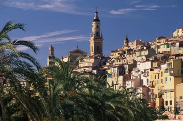 Framed Print : The Old Town, with palm trees in foreground, Menton, Alpes Maritimes, Cote d Azur Framed Print : The Old Town, with palm trees in foreground, Menton, Alpes Maritimes, Cote d Azur