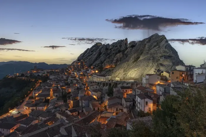 Framed Print : Old town of Pietrapertosa at dusk, Dolomiti Lucane, Potenza province, Basilicata, Italy Framed Print : Old town of Pietrapertosa at dusk, Dolomiti Lucane, Potenza province, Basilicata, Italy