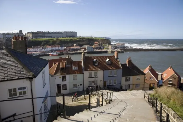 Framed Print : Old Town and River Esk harbour from steps on East Cliff, with West Cliff beyond Framed Print : Old Town and River Esk harbour from steps on East Cliff, with West Cliff beyond