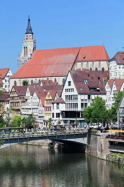 Old town with Stiftskirche Church and the Neckar River, Tubingen, Baden Wurttemberg, Germany, Europe