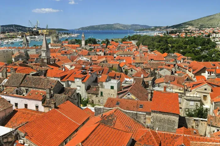 Framed Print : The old town viewed from the bell tower of Cathedral of St. Lawrence, Trogir, UNESCO World Heritage Site, near Split, Croatia, Southeast Europe