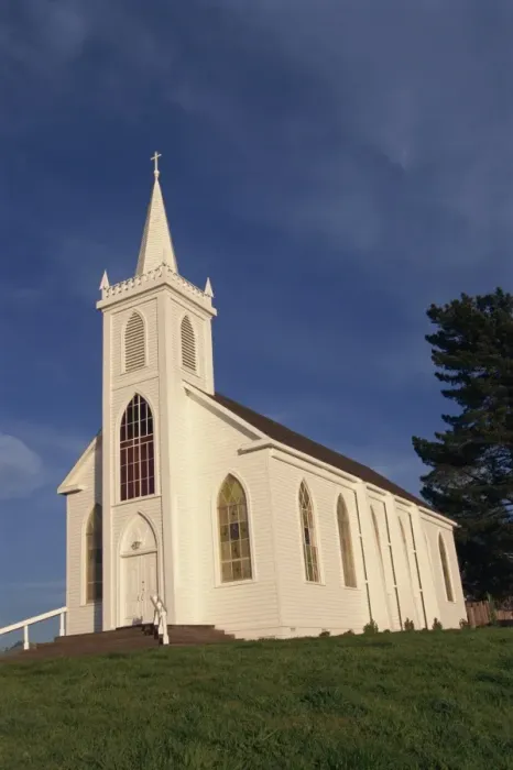 Framed Print : The old traditional white painted Christian church in Bodega Bay