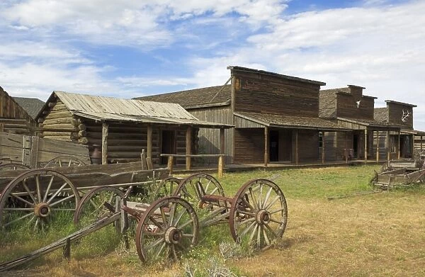 Old western wagons, restored storefronts, homes and saloons from the pioneering days of the Wild West at Cody, Montana, United States of America