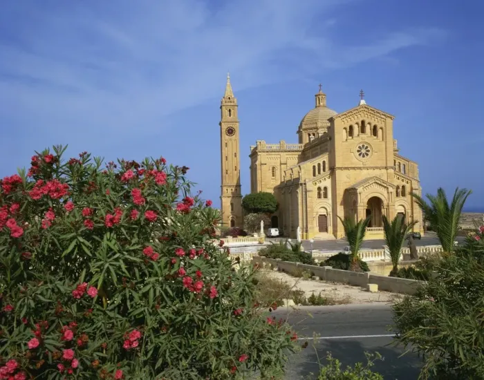 Framed Print : Oleander bush in front of the Ta Pinu Cathedral at Gozo Framed Print : Oleander bush in front of the Ta Pinu Cathedral at Gozo