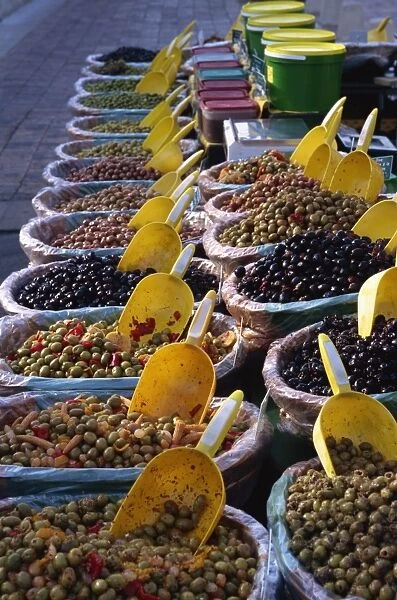 Olives on market stall, Provence, France, Europe