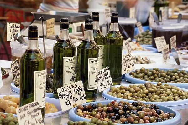 Olives and olive oil on sale at a market, Cassis, Bouches-de-Rhone, Provence-Alpes-Cote-d Azur