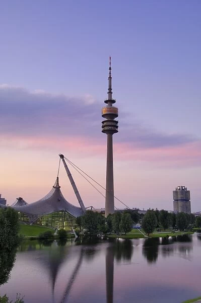 Olympiapark and Olympiaturm (TV tower) at dusk, Munich (Munchen), Bavaria