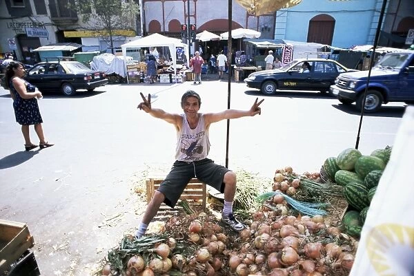 Onions for sale in the largest produce market in the city, Santiago, Chile, South America