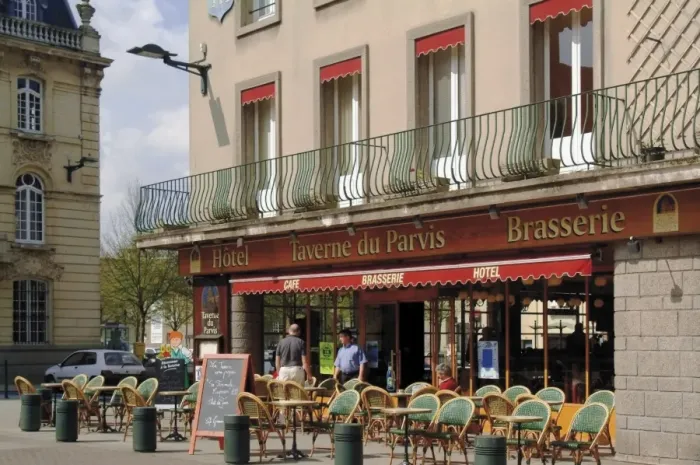 Framed Print : Open air pavement cafe, hotel and brasserie, Coutances, Cotentin Peninsula Framed Print : Open air pavement cafe, hotel and brasserie, Coutances, Cotentin Peninsula