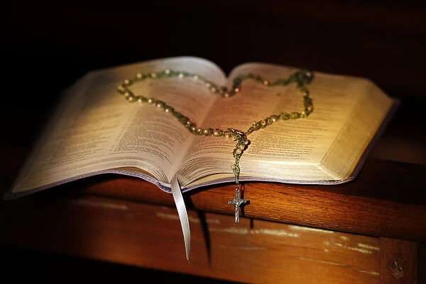 Open Bible and rosary in a church, Haute-Savoie, France, Europe