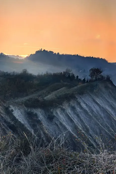 Framed Print : Orange sunset on badlands, Emilia Romagna, Italy, Europe Framed Print : Orange sunset on badlands, Emilia Romagna, Italy, Europe