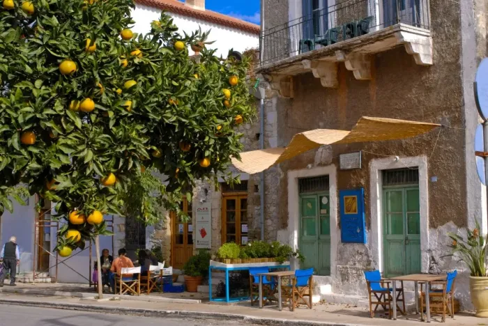 Framed Print : Orange tree in a little village in the Lakonian Mani, Peloponnese, Greece, Europe Framed Print : Orange tree in a little village in the Lakonian Mani, Peloponnese, Greece, Europe