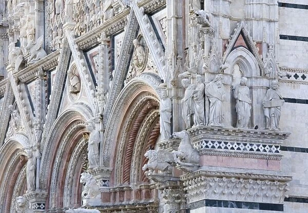Ornamental statuary on facade of the Cathedral of Santa Maria Assunta, UNESCO World Heritage Site, Siena, Tuscany, Italy, Europe