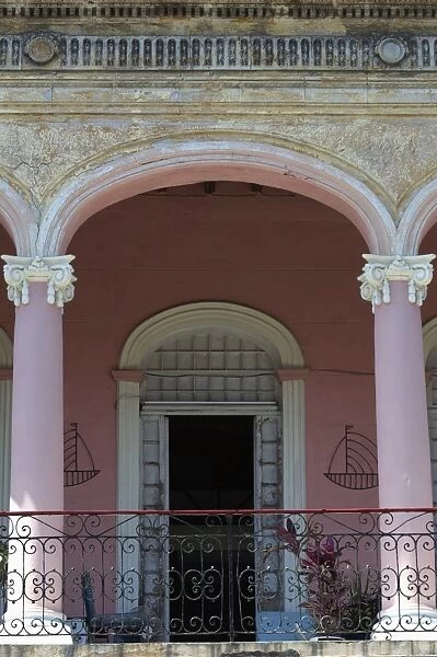 Ornate balcony of old house along Paseo del Prado, Old Havana, Cuba, West Indies