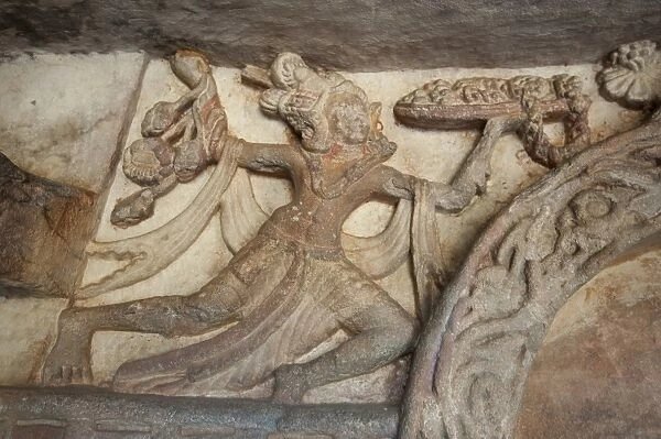 Ornate carving in Ranigumpha, cave number 1, Udayagiri caves, once used as meeting place for Jain monks, Bhubaneshwar, Orissa, India, Asia