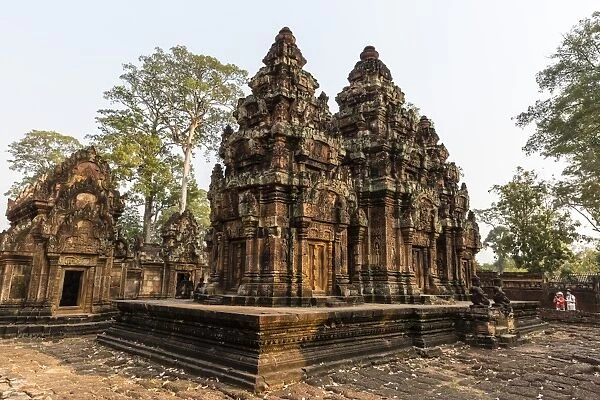 Ornate carvings in red sandstone at Banteay Srei Temple in Angkor, UNESCO World Heritage Site, Siem Reap, Cambodia, Indochina, Southeast Asia, Asia