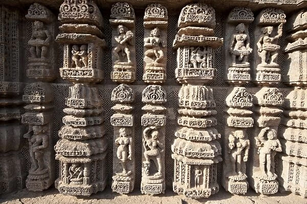 Ornate erotic carvings on Konarak Sun temple, UNESCO World Heritage Site, Konarak, Orissa, India, Asia