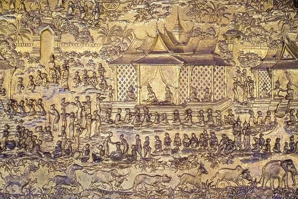 Ornate golden decorative panel, Wat Mai Suwannaphumaham Buddhist temple, UNESCO World Heritage Site