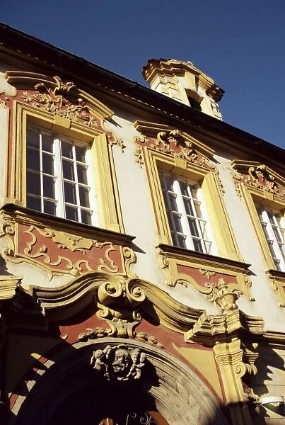 Ornate scrollwork over building housing art gallery, Litomerice, North Bohemia
