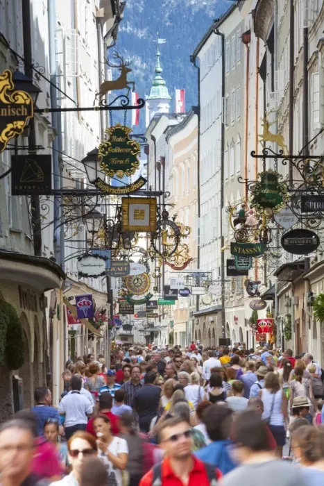 Framed Print : Ornate shop signs on Getreidegasse, Salzburgs bustling shopping street, Salzburg, Salzburger Land, Austria, Europe Framed Print : Ornate shop signs on Getreidegasse, Salzburgs bustling shopping street, Salzburg, Salzburger Land, Austria, Europe