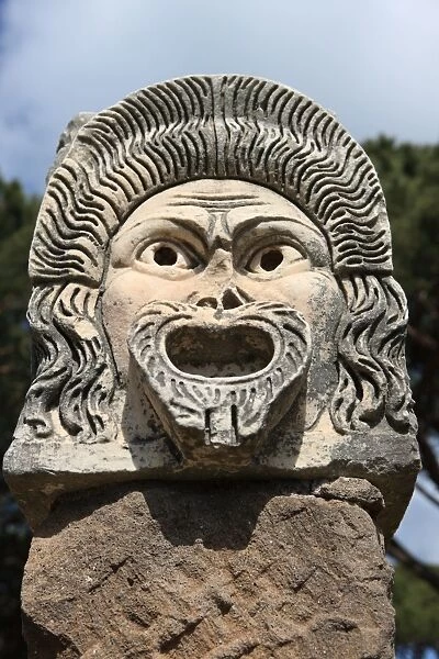 Ornate theatre mask, Ostia Antica, Rome, Lazio, Italy, Europe