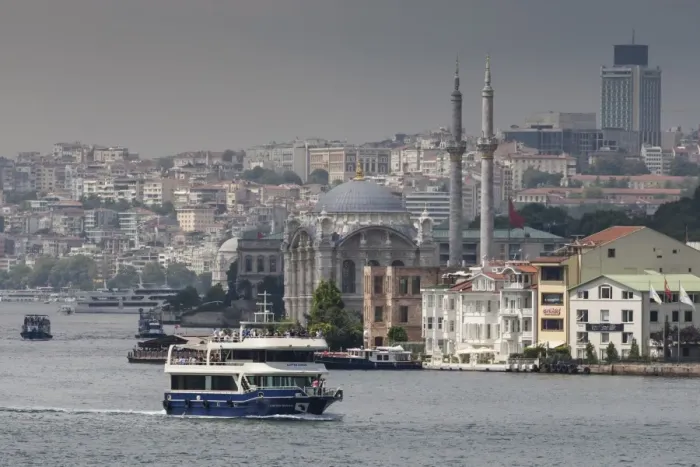 Framed Print : Ortakoy Mecidiye Mosque and passenger ferry, Ortakoy, from Bosphorus Strait with Istanbul city skyline behind, Istanbul, Turkey, Europe Framed Print : Ortakoy Mecidiye Mosque and passenger ferry, Ortakoy, from Bosphorus Strait with Istanbul city skyline behind, Istanbul, Turkey, Europe