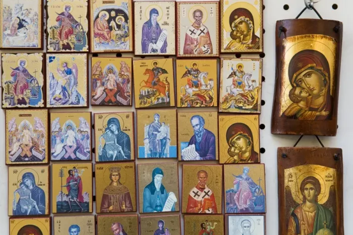 Framed Print : Orthodox icons for sale in the Plaka District, Athens, Greece, Europe
