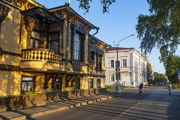 Osobnyak Surkova wooden historic building, Arkhangelsk, Russia, Europe