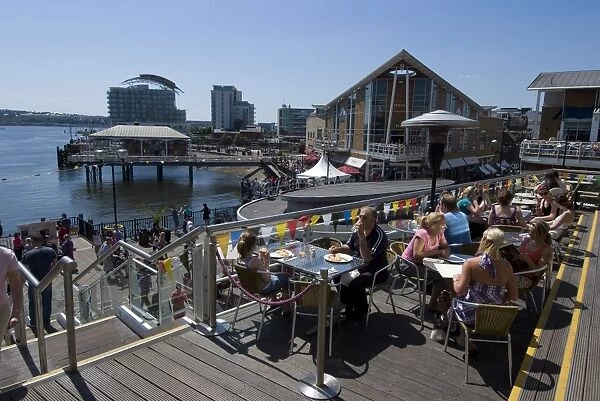 Outdoor cafe at Mermaid Quay, Cardiff Bay, Cardiff, Wales, United Kingdom, Europe