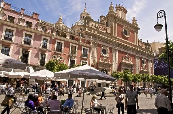 Outdoor cafes and tourists in Plaza del Salvador, Seville, Andalusia, Spain, Europe