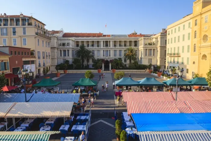 Framed Print : Outdoor restaurants set up in Cours Saleya, Nice, Alpes Maritimes, Provence, Cote d Azur, French Riviera, France, Europe Framed Print : Outdoor restaurants set up in Cours Saleya, Nice, Alpes Maritimes, Provence, Cote d Azur, French Riviera, France, Europe