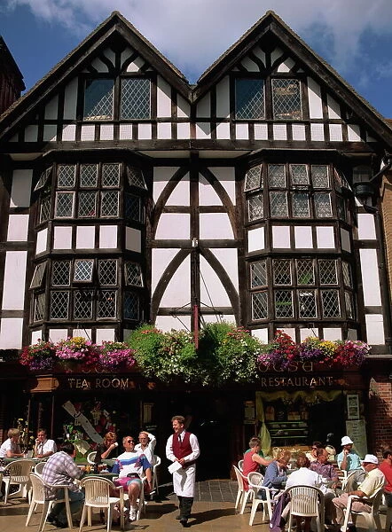 Outdoor tea room and tudor building facade, Winchester, Hampshire, England