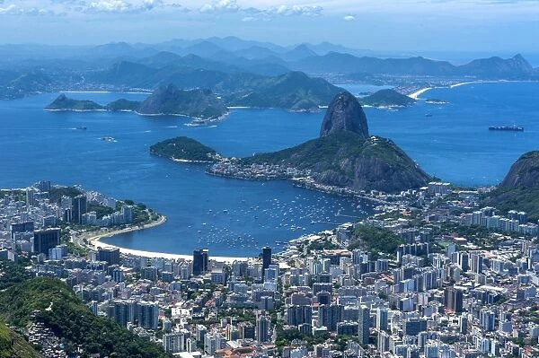 Outlook from the Christo statue over Rio de Janeiro and the famous Sugar Loaf, Rio de Janeiro, Brazil, South America