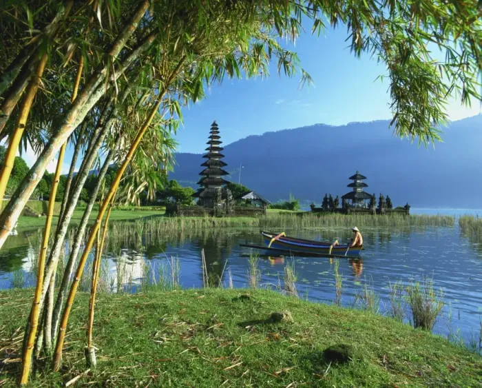 Framed Print : Outrigger canoe on Lake Bratan near Candikuning Temple on Bali Framed Print : Outrigger canoe on Lake Bratan near Candikuning Temple on Bali