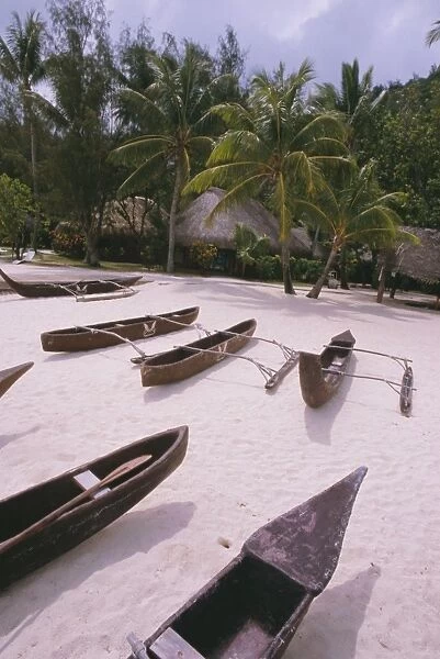Outriggers on beach, Hotel Sofitel Marara, Bora Bora, Tahiti, Society Islands