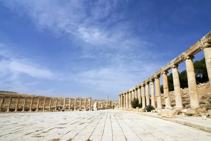Framed Print : Oval Plaza with colonnade and ionic columns, Jerash (Gerasa), a Roman Decapolis city Framed Print : Oval Plaza with colonnade and ionic columns, Jerash (Gerasa), a Roman Decapolis city