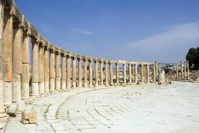 Framed Print : Oval Plaza with colonnade and ionic columns, Jerash (Gerasa), a Roman Decapolis city Framed Print : Oval Plaza with colonnade and ionic columns, Jerash (Gerasa), a Roman Decapolis city