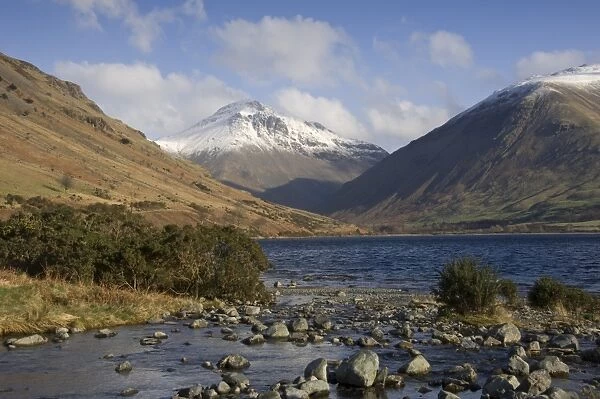Overbeck flows into Lake Wastwater, Great Gable 2949 ft in centre, Lake District National Park, Cumbria, England, United Kingdom, Europe
