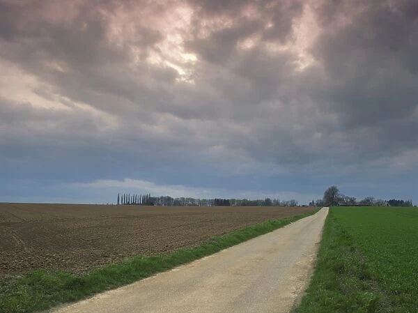 Overcast sky and rural road through fields in agricultural landscape near Entrepagny