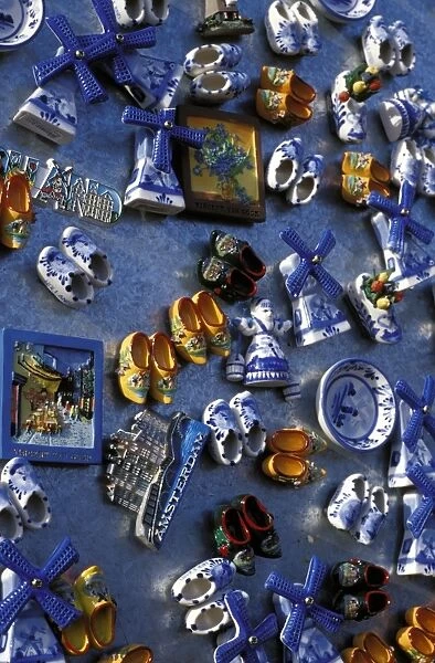 Overhead view of ceramic magnet souvenirs of clogs