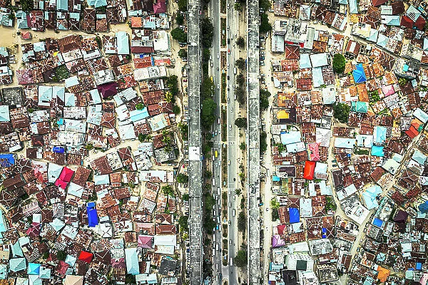 Overhead view of highway crossing the crowded city of Stone Town, Zanzibar, Tanzania, East Africa, Africa