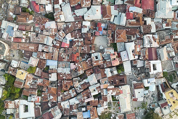 Overhead view of historical buldings in the old town, Stone Town, Zanzibar, Tanzania, East Africa, Africa