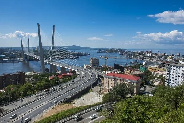 Overlook over Vladivostok and the new Zolotoy Bridge from Eagles Nest Mount, Vladivostok, Russia, Eurasia