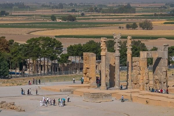 Overview of All Nations Gate and tourist groups setting off on their tours, Persepolis