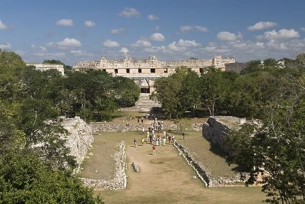 Overview of ball court in foreground and Cuadrangulo de las Monjas (Nuns Quadrangle) in background, Uxmal, UNESCO World Heritage Site, Yucatan, Mexico